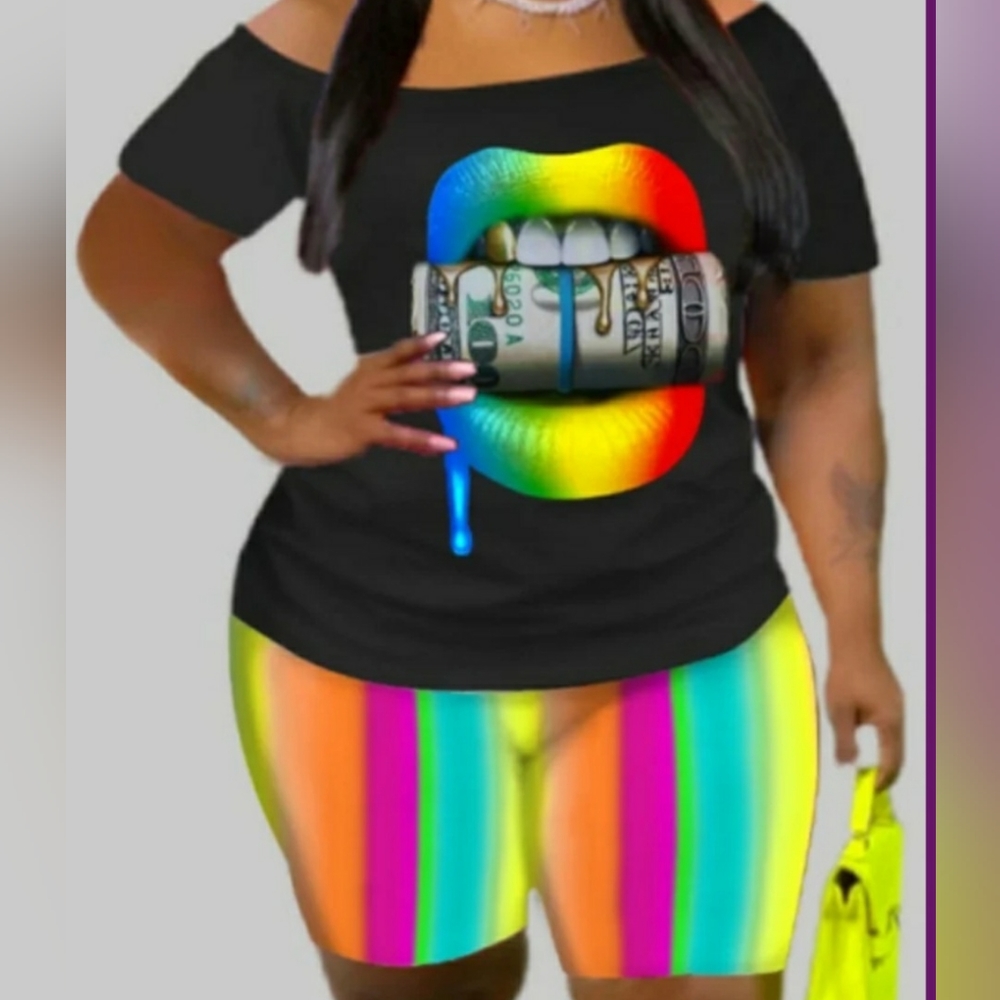 Multi Color Money Roll Drip 2PC Biker Short Set